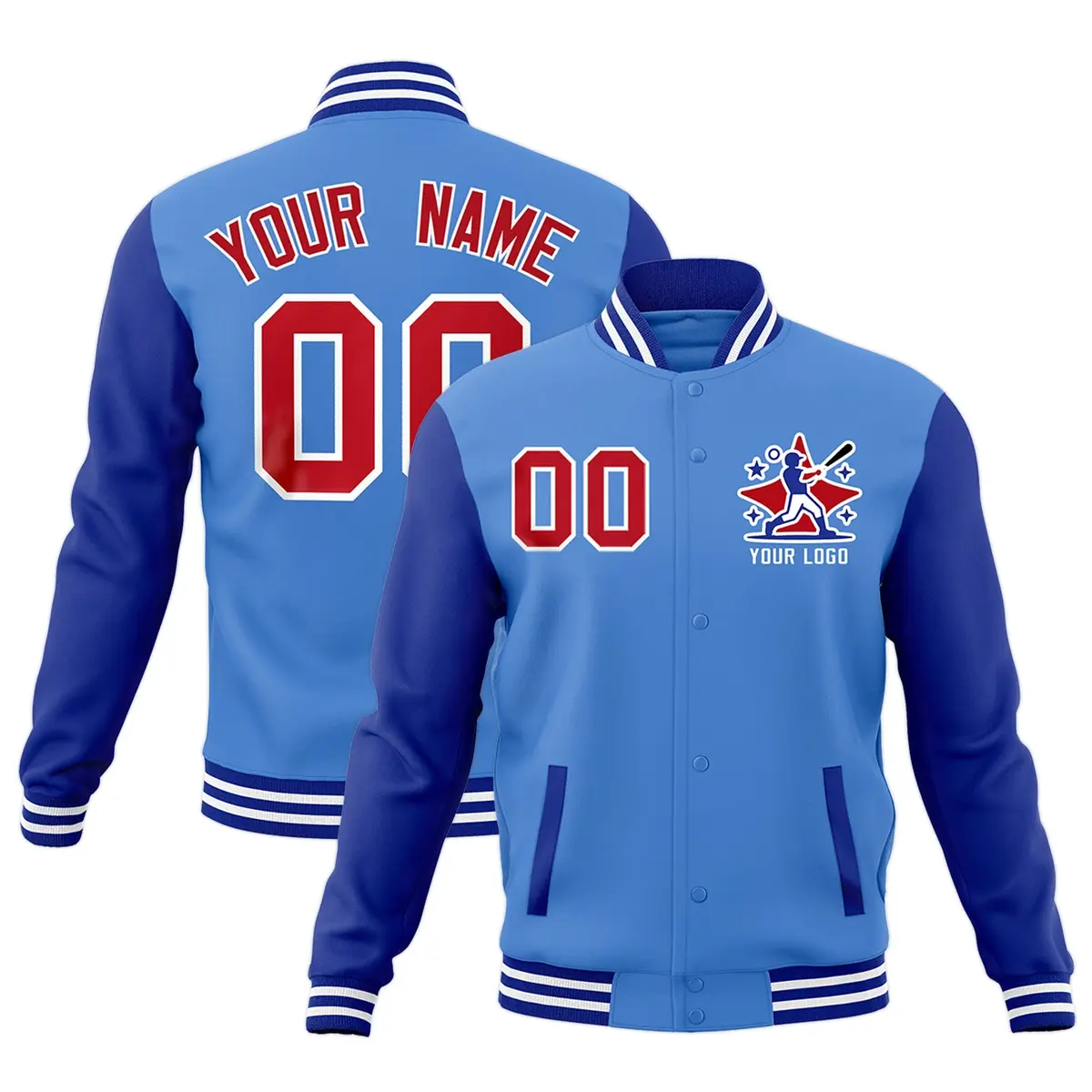 Powder Blue Royal Blue White Raglan Full-Snap Letterman Cotton Jacket