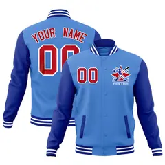 Powder Blue Royal Blue White Raglan Full-Snap Letterman Cotton Jacket