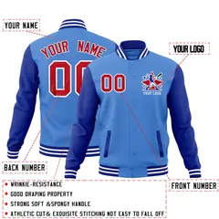 Powder Blue Royal Blue White Raglan Full-Snap Letterman Cotton Jacket 2