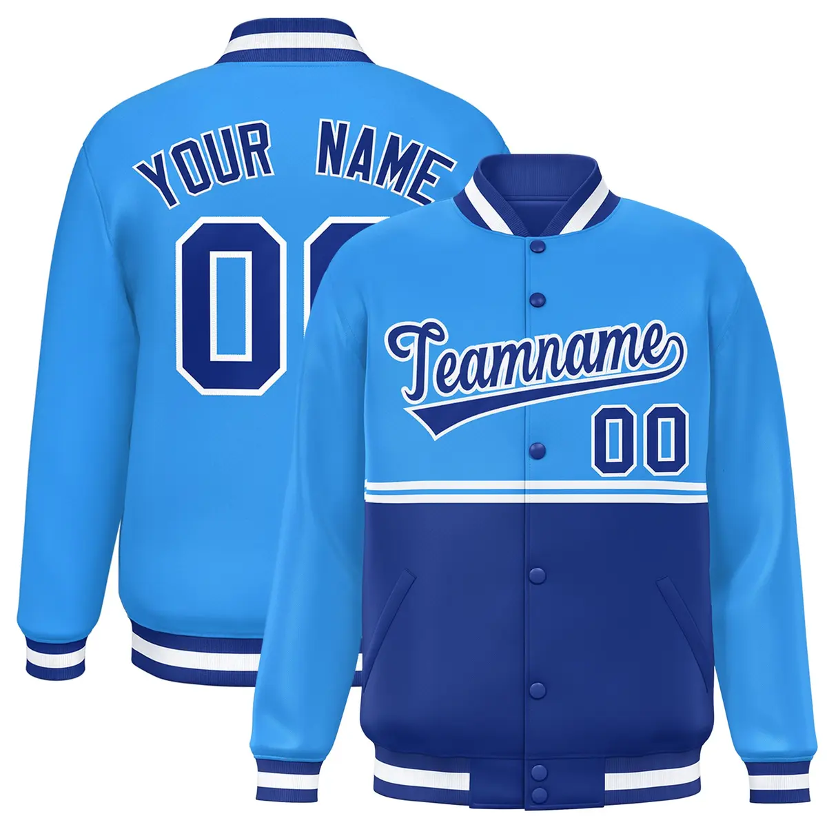 Powder Blue Royal Color Block Varsity Full-Snap Letterman Jacket