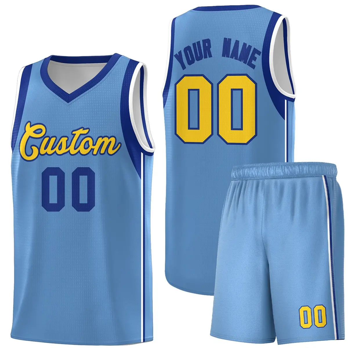 Powder Blue Royal-Gold Sleeve Color Block Basketball Jersey