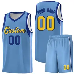 Powder Blue Royal-Gold Sleeve Color Block Basketball Jersey