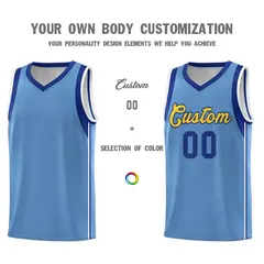 Powder Blue Royal-Gold Sleeve Color Block Basketball Jersey 3