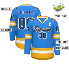 Powder Blue Royal Gold-White Classic Style Hockey Jersey 2