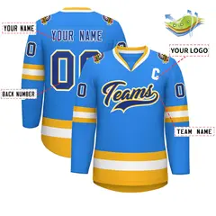 Powder Blue Royal Gold-White Classic Style Hockey Jersey 2