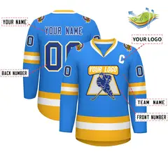 Powder Blue Royal Gold-White Classic Style Hockey Jersey 2