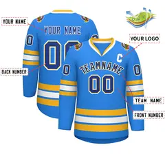 Powder Blue Royal Gold-White Classic Style Hockey Jersey 2