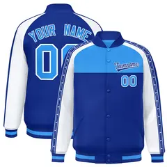 Powder Blue Royal K-Ribbon Raglan Full-Snap Color Block Letterman Jacket 1