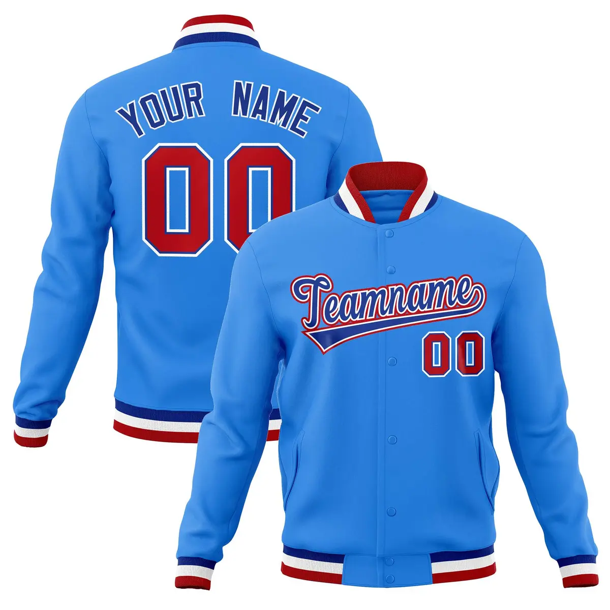 Powder Blue Royal-Red Varsity Full-Snap Letterman Jacket