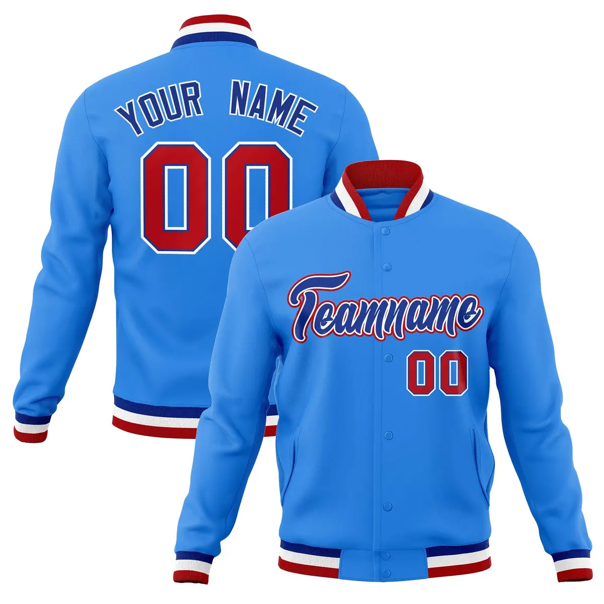 Powder Blue Royal-Red Varsity Full-Snap Letterman Jacket