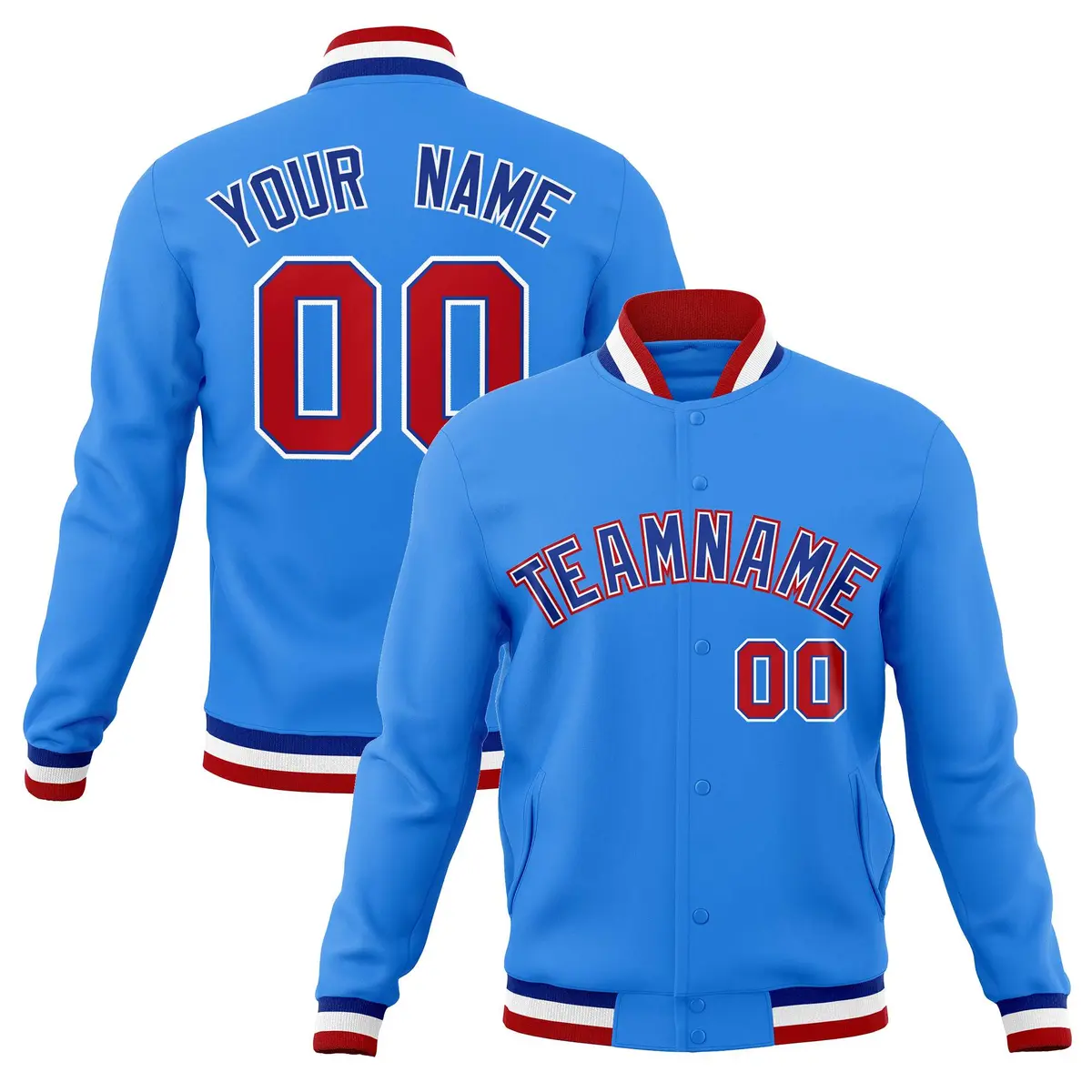 Powder Blue Royal-Red Varsity Full-Snap Letterman Jacket