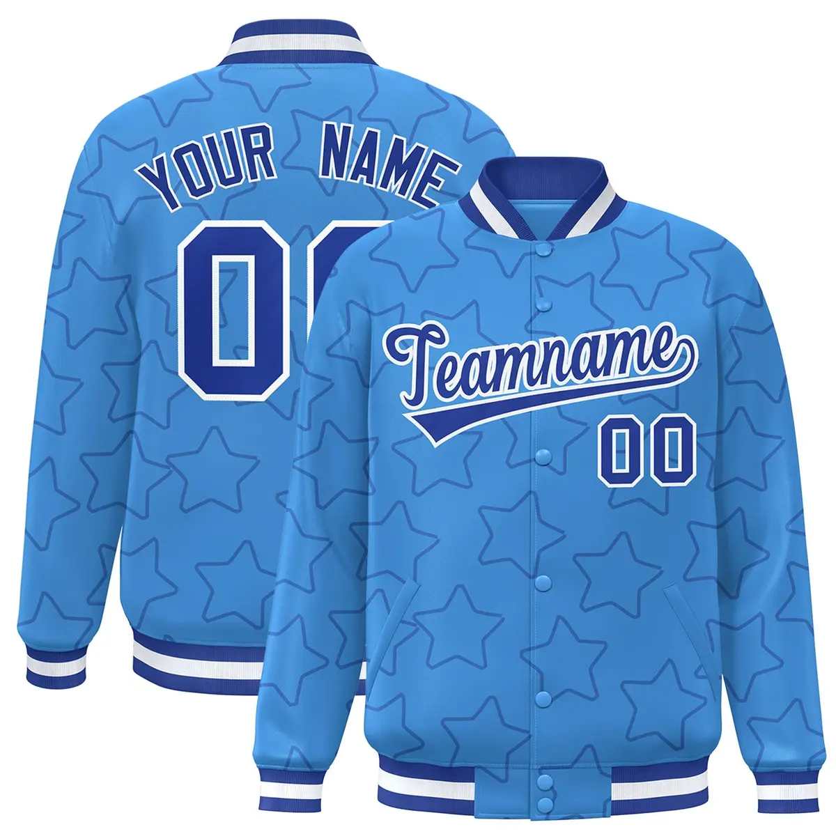 Powder Blue Royal Star Pattern Varsity Letterman Baseball Jacket
