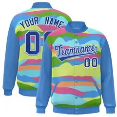 Powder Blue Royal-White Clouds Graffiti Varsity Full-Snap Jacket