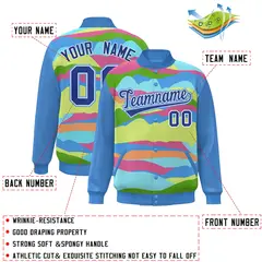 Powder Blue Royal-White Clouds Graffiti Varsity Full-Snap Jacket 2