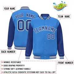 Powder Blue Royal-White Raglan Varsity Full-Snap Letterman Jacket 2