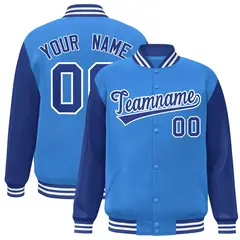 Powder Blue Royal-White Raglan Varsity Full-Snap Letterman Jacket 1