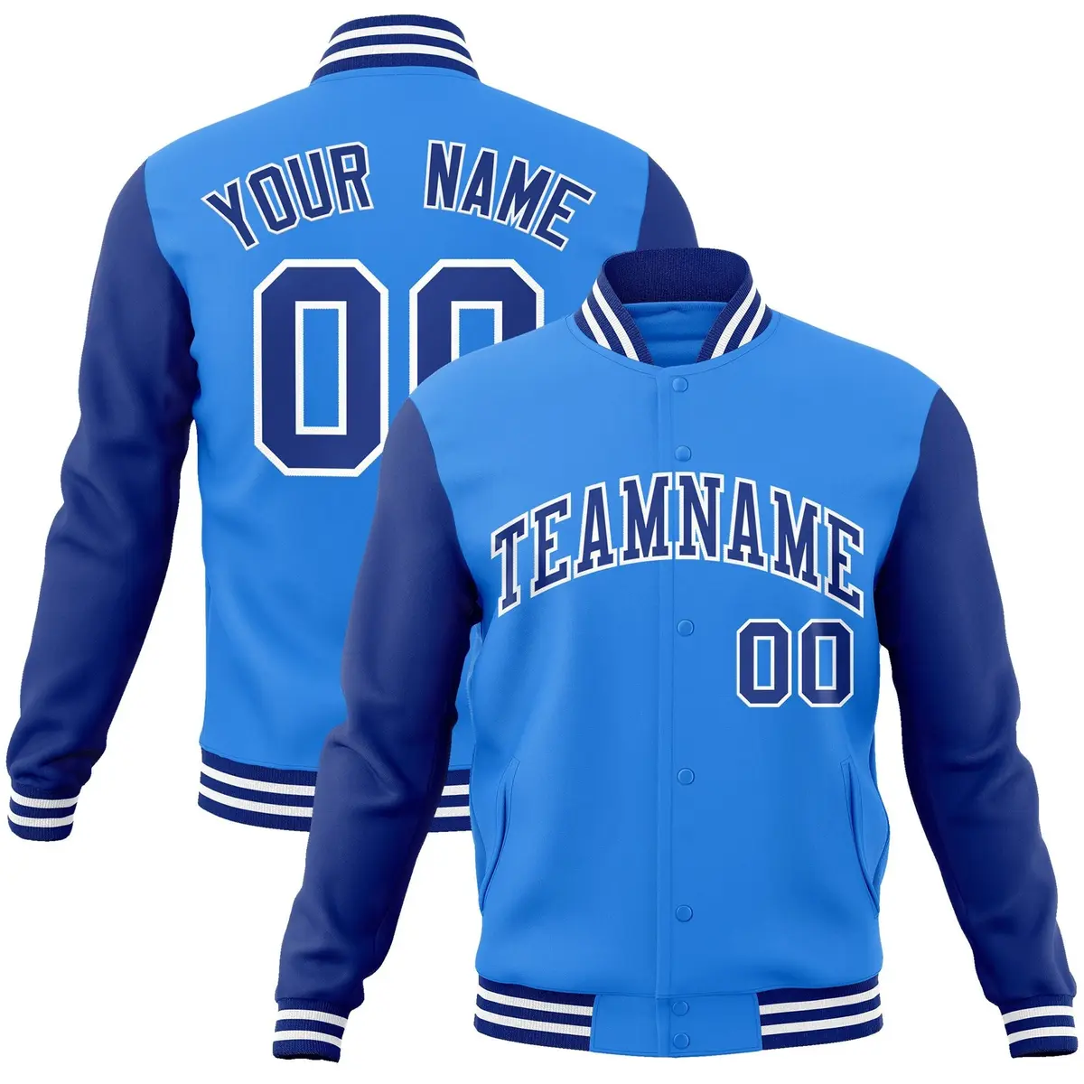 Powder Blue Royal-White Raglan Varsity Full-Snap Letterman Jacket