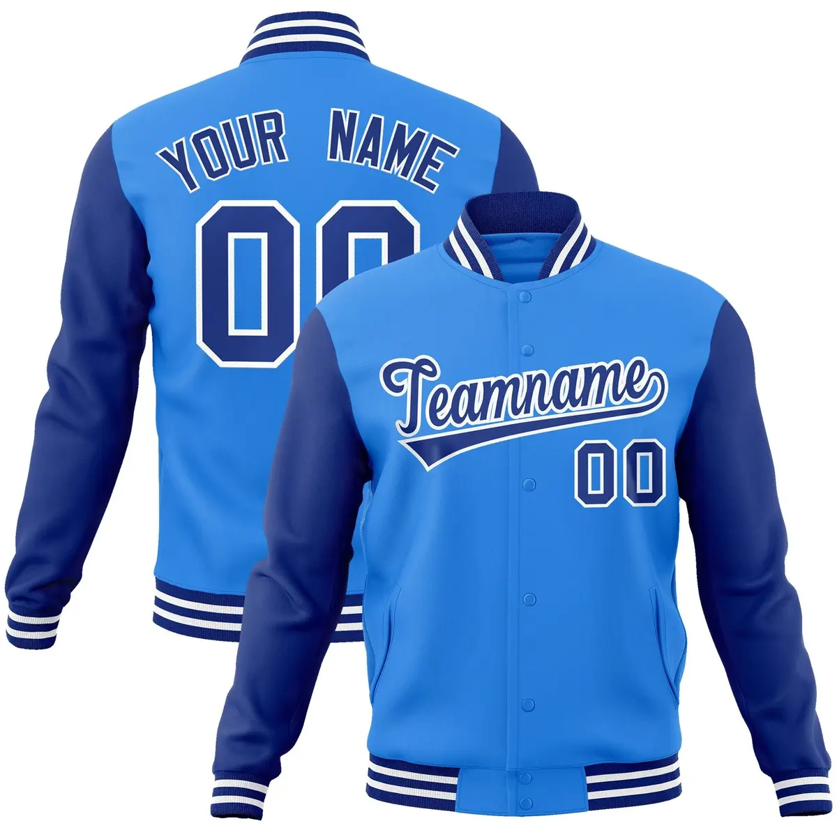 Powder Blue Royal-White Raglan Varsity Full-Snap Letterman Jacket