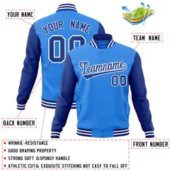 Powder Blue Royal-White Raglan Varsity Full-Snap Letterman Jacket 4