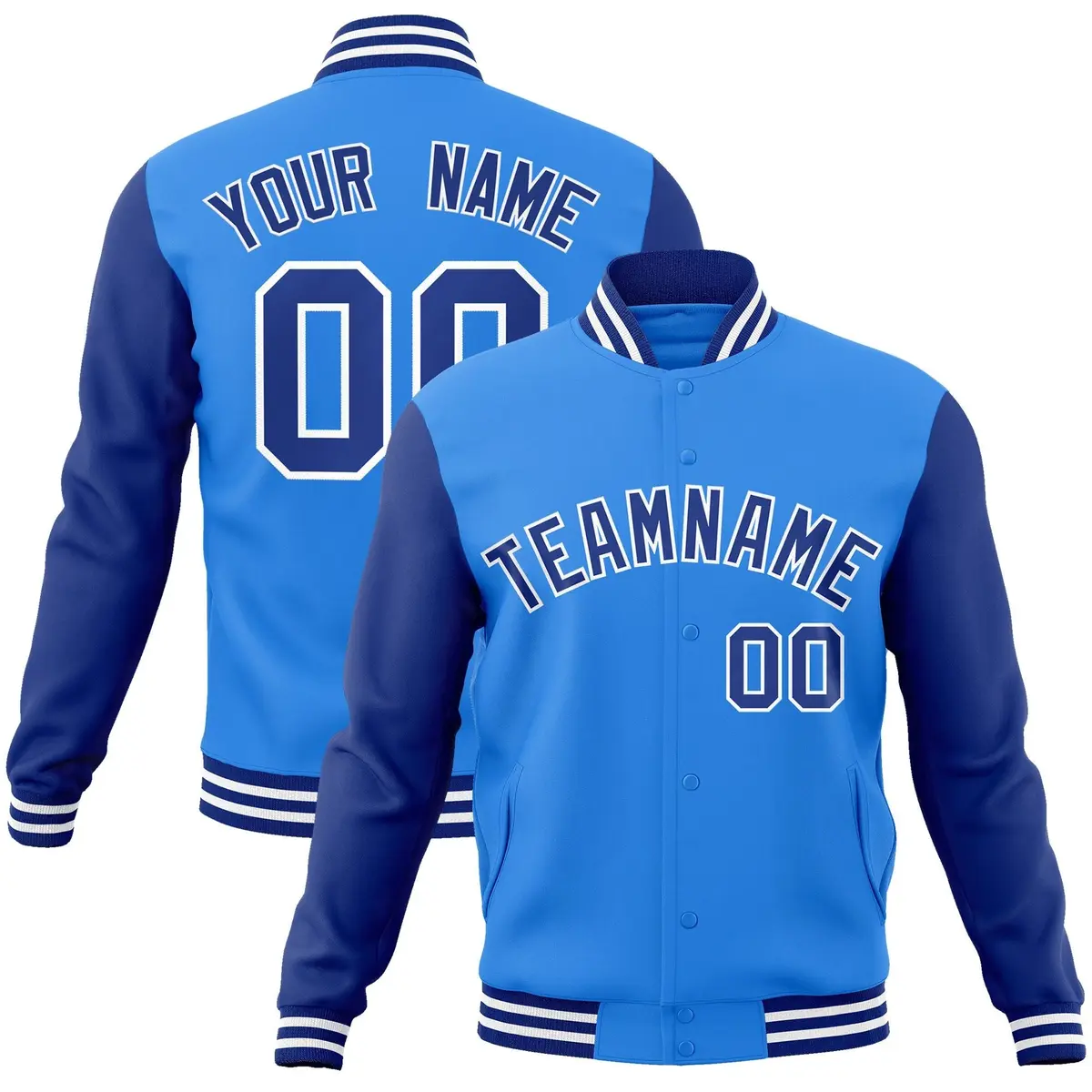 Powder Blue Royal-White Raglan Varsity Full-Snap Letterman Jacket