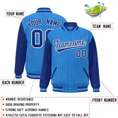 Powder Blue Royal-White Stripe Varsity Bomber Jacket with Raglan Sleeves 2