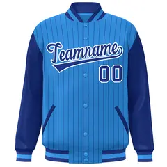 Powder Blue Royal-White Stripe Varsity Bomber Jacket with Raglan Sleeves 3