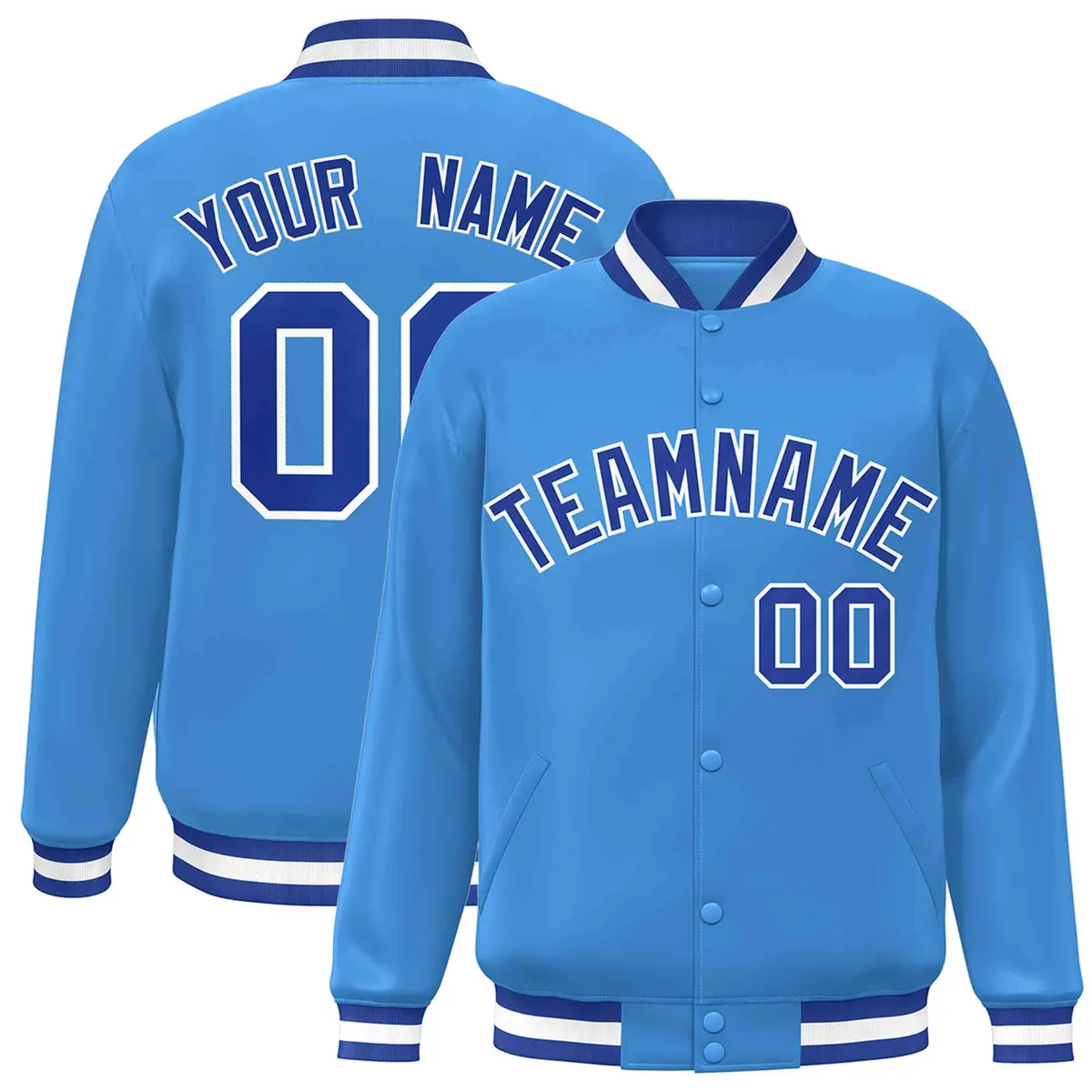 Powder Blue Royal-White Varsity Full-Snap Letterman Jacket