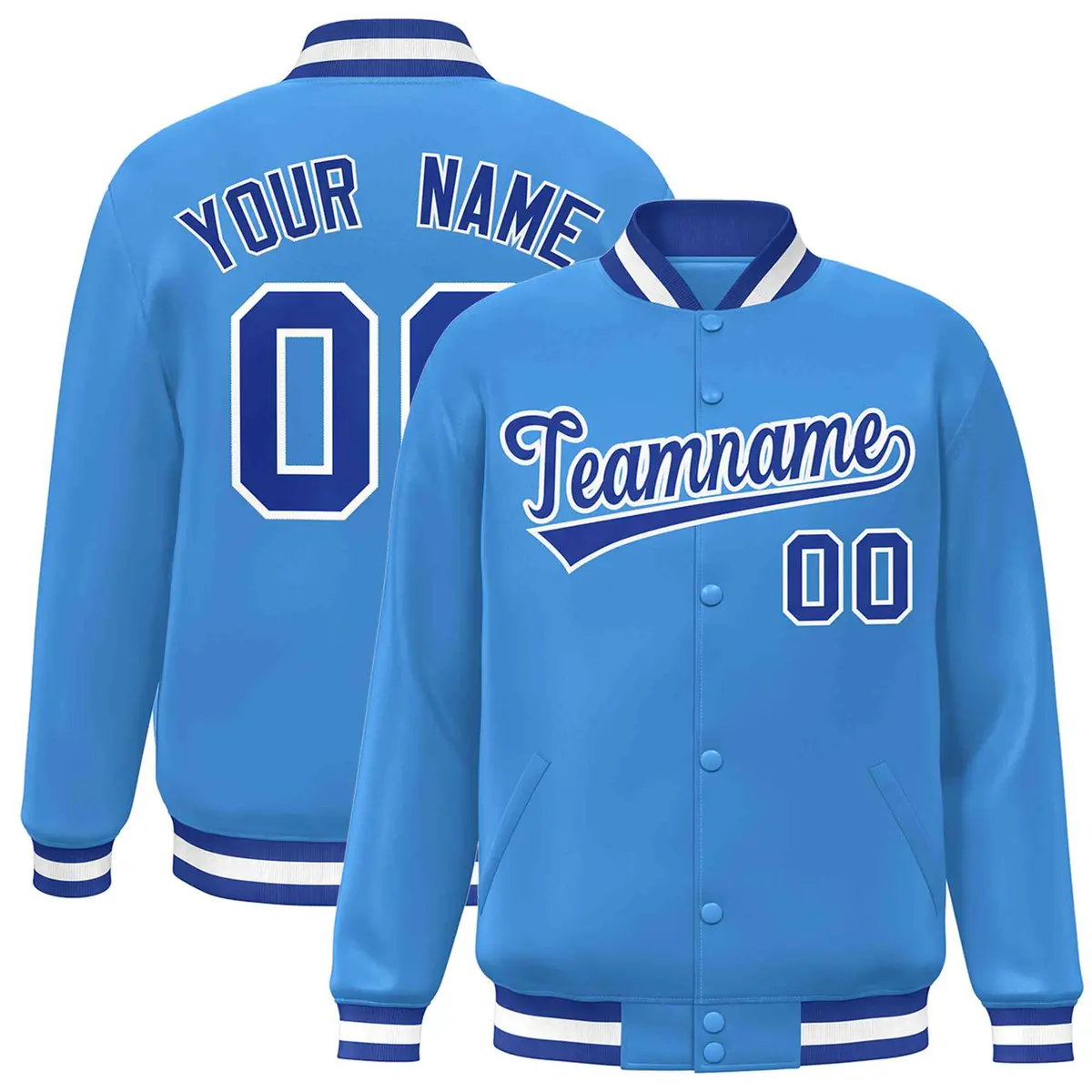 Powder Blue Royal-White Varsity Full-Snap Letterman Jacket