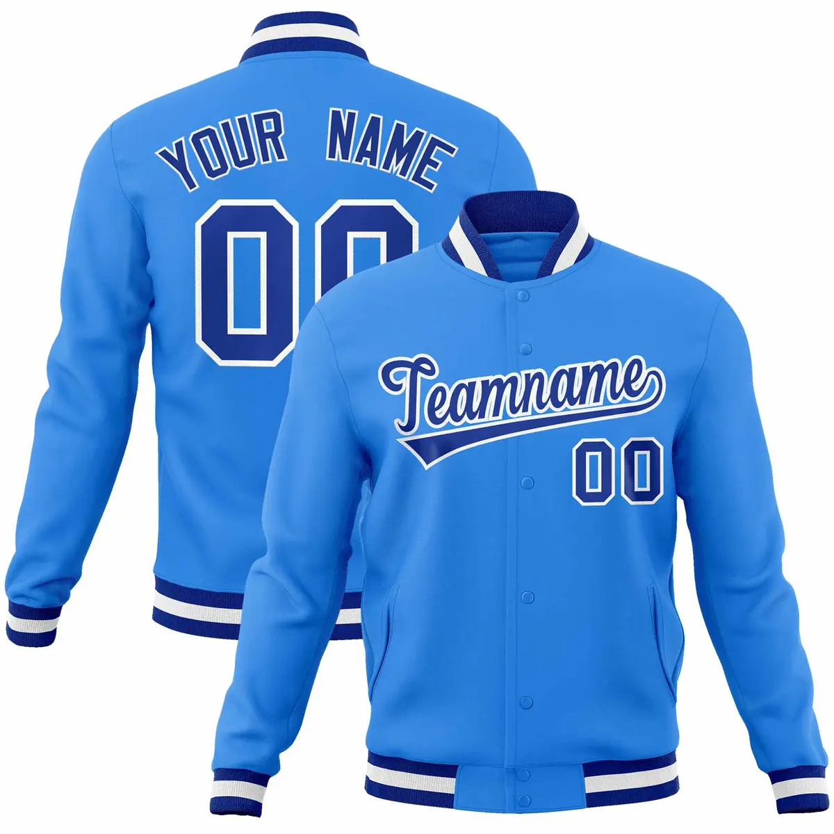 Powder Blue Royal-White Varsity Full-Snap Letterman Jacket