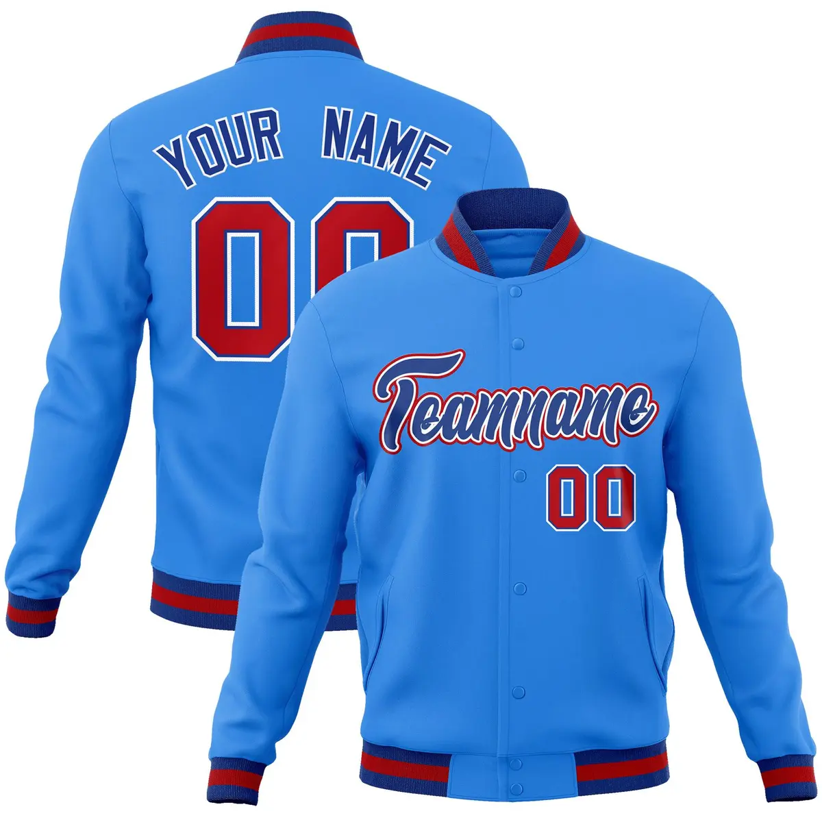 Powder Blue Royal-White Varsity Full-Snap Letterman Jacket
