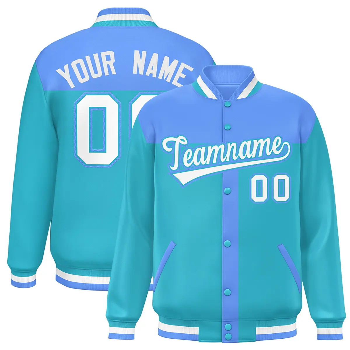 Powder Blue Sky Blue Varsity Baseball Color Block Bomber Jacket