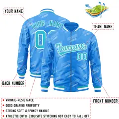 Powder Blue Sky Blue-White Letter Full-Zip Varsity Bomber Jacket 2