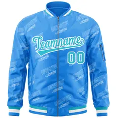 Powder Blue Sky Blue-White Letter Full-Zip Varsity Bomber Jacket 3