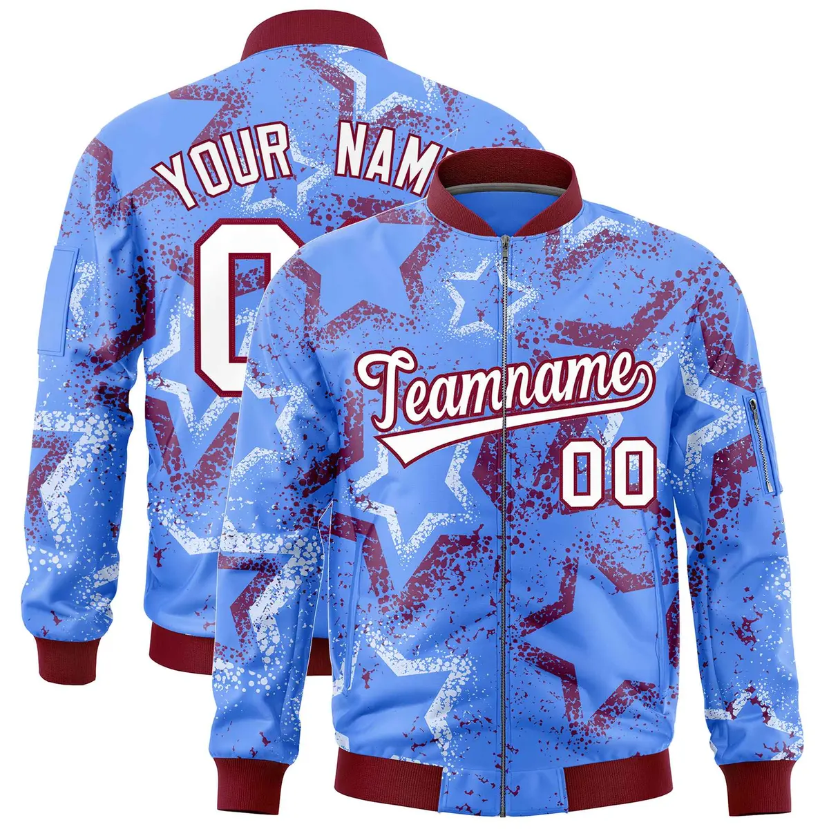 Powder Blue Star Pattern Varsity Letterman Bomber Jacket