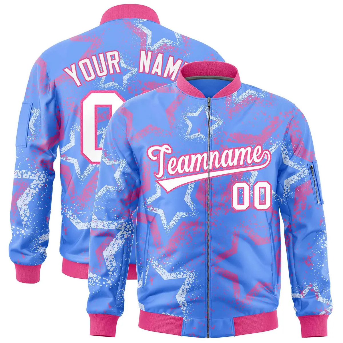 Powder Blue Star Pattern Varsity Letterman Bomber Jacket