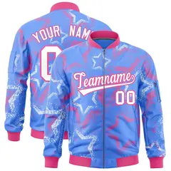 Powder Blue Star Pattern Varsity Letterman Bomber Jacket