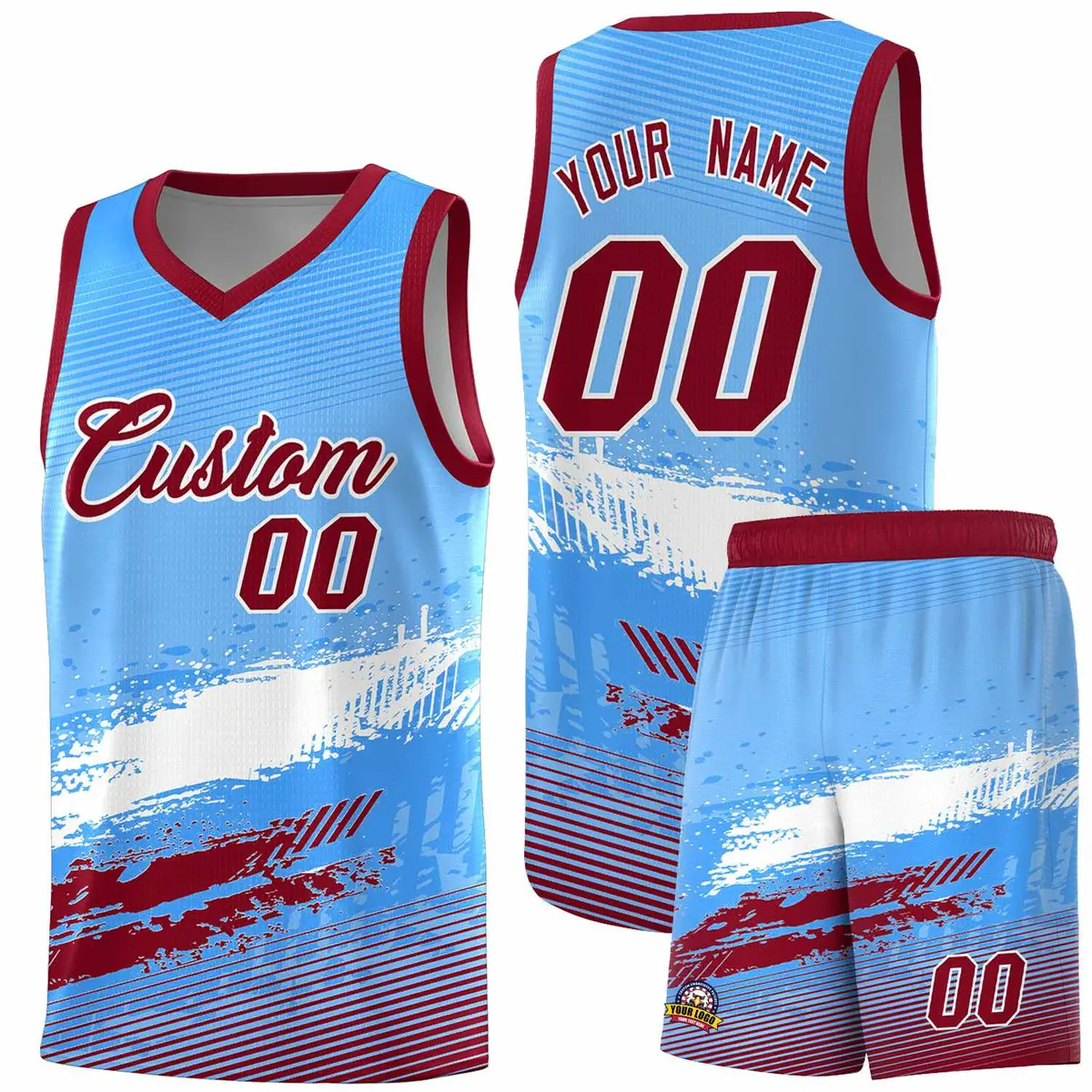 Powder Blue White and Crimson Graffiti Basketball Jersey