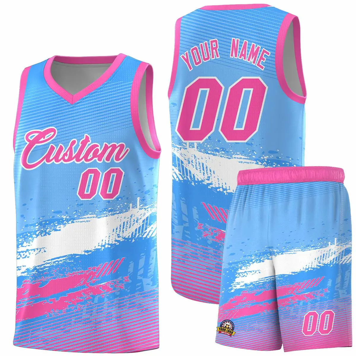 Powder Blue White and Pink Graffiti Basketball Jersey