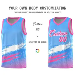 Powder Blue White and Pink Graffiti Basketball Jersey 3