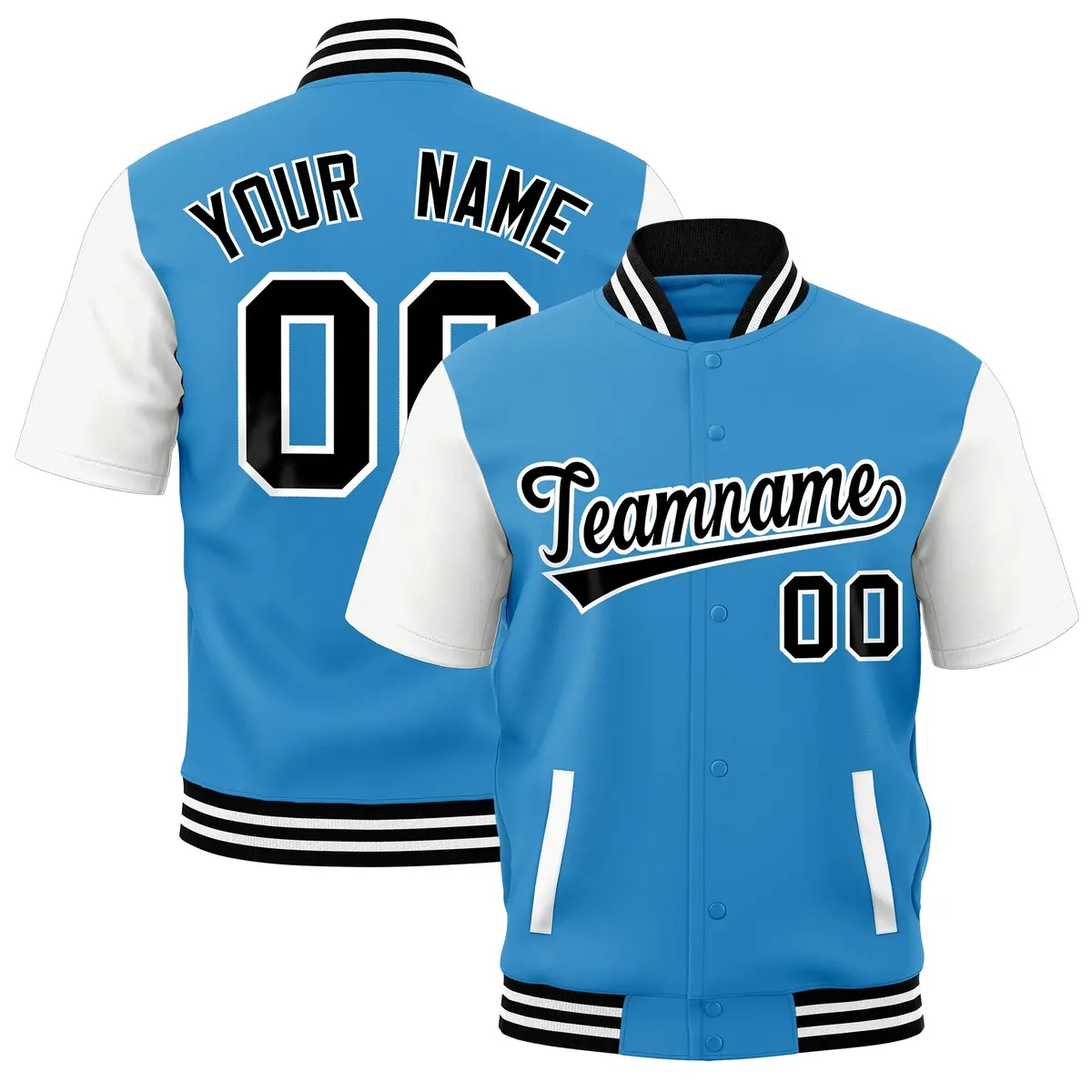 Powder Blue White Black Full-Snap Short Sleeve Varsity Jacket