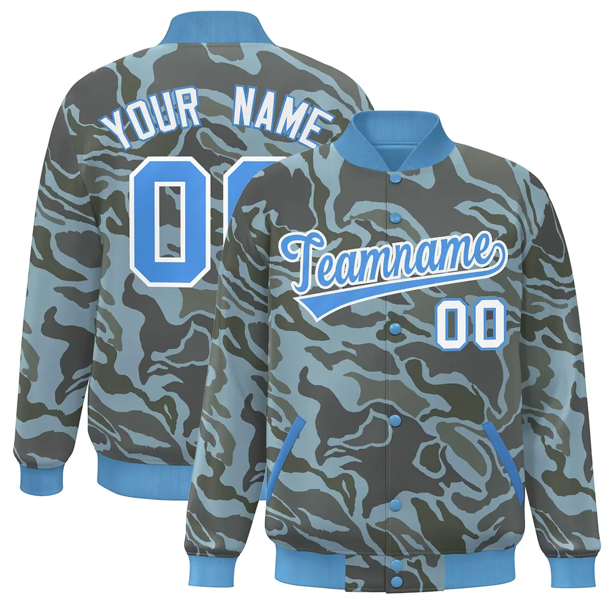 Powder Blue White Camo Varsity Letterman Bomber Jacket