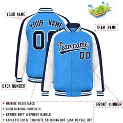 Powder Blue White Color Block Raglan Full-Snap Varsity Letterman Jacket 2