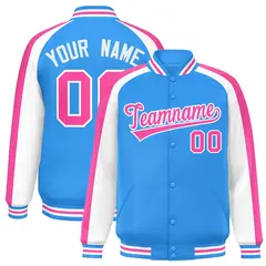 Powder Blue White Color Block Raglan Full-Snap Varsity Letterman Jacket 1