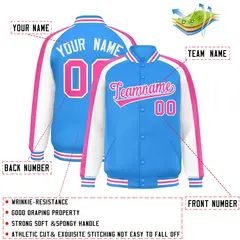 Powder Blue White Color Block Raglan Full-Snap Varsity Letterman Jacket 2