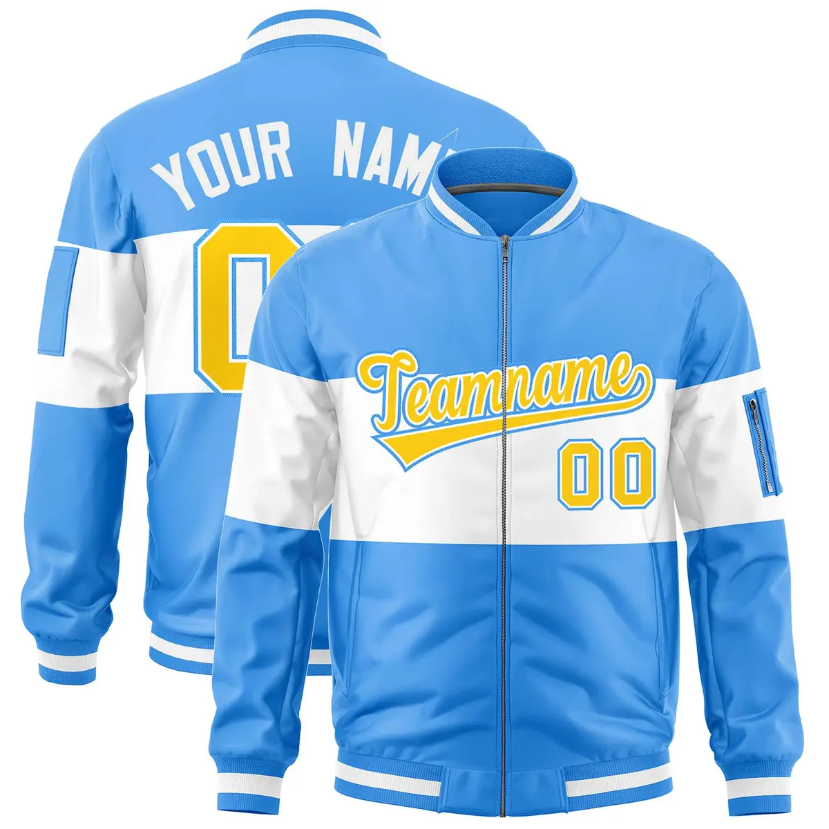 Powder Blue White Color Block Varsity Letterman Bomber Jacket