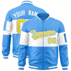 Powder Blue White Color Block Varsity Letterman Bomber Jacket