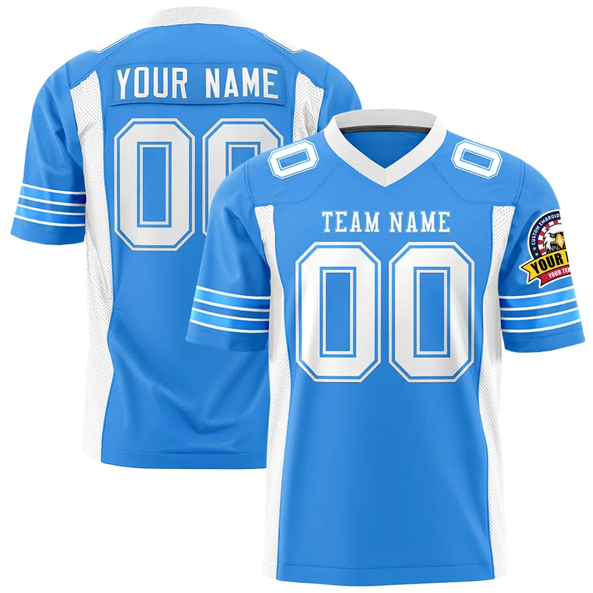 Powder Blue White Football Jersey with Sleeve Stripes