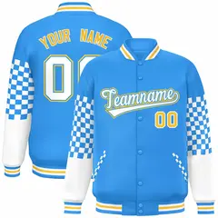 Powder Blue White-Gold Checkered Color Block Bomber Varsity Jacket