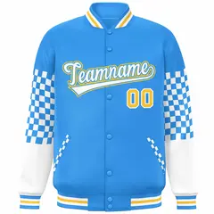 Powder Blue White-Gold Checkered Color Block Bomber Varsity Jacket 3