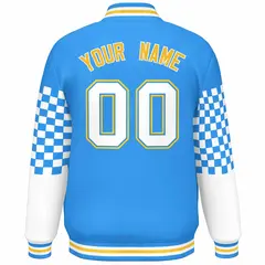 Powder Blue White-Gold Checkered Color Block Bomber Varsity Jacket 4